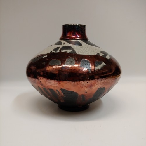 Click to view detail for #221194 Raku Vase Black/White/Copper 8x7.5 $29 